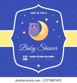 Baby Shower Invitation Template, Blue Card with Cute Owl and Place For Your Text Vector Illustration