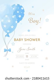 Baby shower invitation template with blue balloons. It's a boy. Vector	