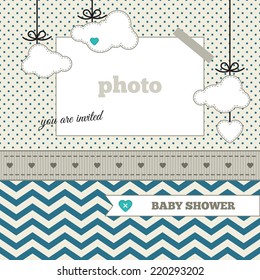 Baby Shower Invitation, Template. Blue, Gray And Cream Colors. Photo Frame And Decorative Elements (clouds, Heart) On A Polka Dot And Chevron Background