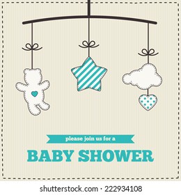 Baby Shower Invitation, Template. Blue, White And Cream Colors. Illustration Of Baby Mobile: Teddy Bear, Star, Cloud And Heart. Also For Scrapbooking, Cards, Save The Date Cards Etc.