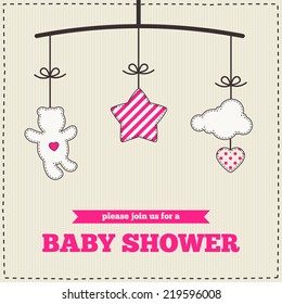 Baby Shower Invitation, Template. Bright Pink And Cream Colors. Illustration Of Baby Mobile: Teddy Bear, Star, Cloud And Heart. Also For Scrapbooking, Cards, Save The Date Cards Etc.