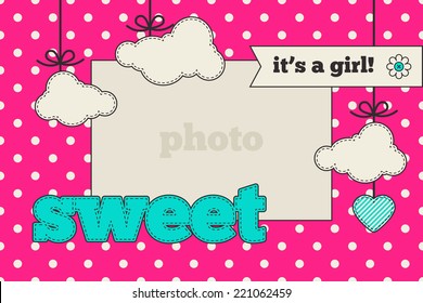 Baby shower invitation, template. Bright pink, azure and gray colors. Photo frame and decorative elements (clouds, heart, ) on a polka dot background