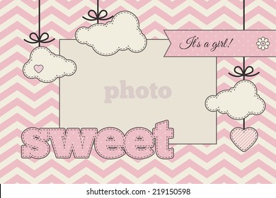 Baby shower invitation, template. Brown, pink and cream colors. Photo frame and decorative elements (clouds, heart) on a chevron background