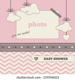 Baby shower invitation, template. Brown, pink and cream colors. Photo frame and decorative elements (clouds, heart) on a polka dot and chevron background