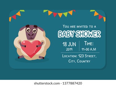 Baby Shower Invitation Template, Card with Cute Sheep and Place For Your Text, Gender Neutral Vector Illustration