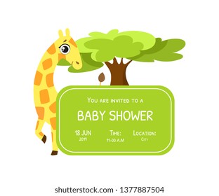 Baby Shower Invitation Template, Card with Cute Giraffe and Place For Your Text, Gender Neutral Vector Illustration