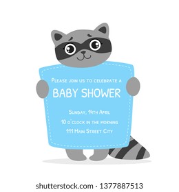 Baby Shower Invitation Template, Card with Cute Raccoon and Place For Your Text, Gender Neutral Vector Illustration
