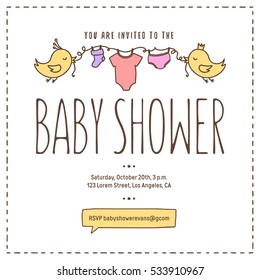 Baby Shower Invitation Template. Cartoon Style Birds Holding The Rope With Baby Clothes. Baby Shower Holiday Greeting Card. Hand Drawn Vintage Illustration.