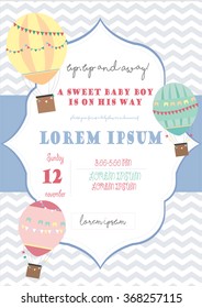 Baby shower invitation template with chevron background and vintage hot air balloons. Retro frame.