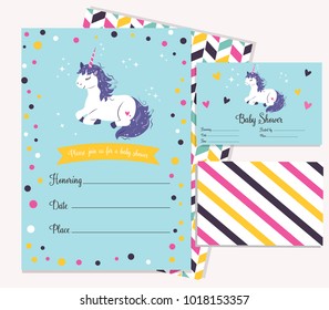 Baby shower invitation template with cute unicorn 