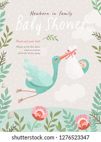 Baby Shower Invitation template with cute illustration of a stork with a newborn in a flower frame, vector card for congratulations on a newborn