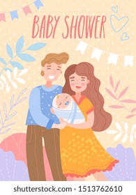 A baby shower invitation template with cute illustration of happy parents and small baby. Vector illustration