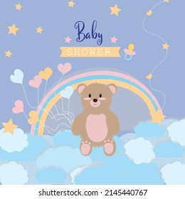 Baby Shower Invitation Template cute teddy rainbow stars text hearts balloons  clouds  posters Baby arrival lettering  Invitation Card Design  Template Card newborn celebration greeting postcard web 