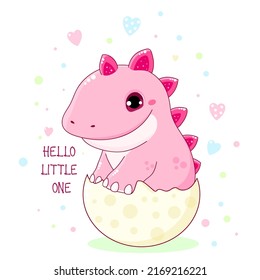 Baby shower invitation template. Cute newborn dinosaur in egg. Inscription Hello little one. Can be used for invitations, birthday greeting card. Vector illustration EPS8
