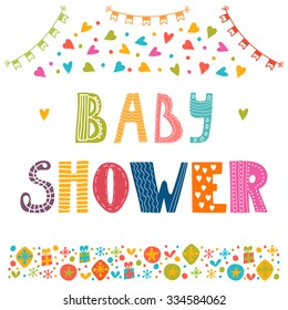 Baby shower invitation template. Cute postcard with funny decorative elements. Vector illustration