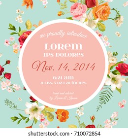 Baby Shower Invitation Template. Floral Greeting Card with Lily and Rose Flowers. Decoration for Childbirth Party Celebration. Vector illustration