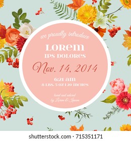 Baby Shower Invitation Template. Floral Greeting Card with Maple Leaves and Flowers. Decoration for Childbirth Party Celebration. Vector illustration