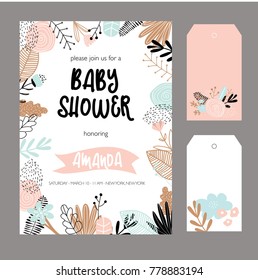 Baby shower invitation template. Floral design elements for decoration. Baby shower holiday greeting cards, vector