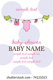 Baby Shower Invitation Template with Flying Birds Holding a Clothesline, and a Polka Dot Background