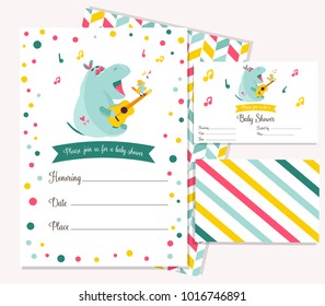 Baby shower invitation template with funny cartoon hippo
