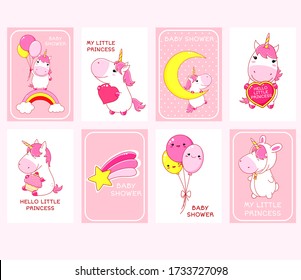 Baby shower invitation template. Baby girl arrival cards collection. Set of vector invitations, birthday greeting cards with cute unicorn, rainbow, heart, balloons in kawaii style. Vector EPS8