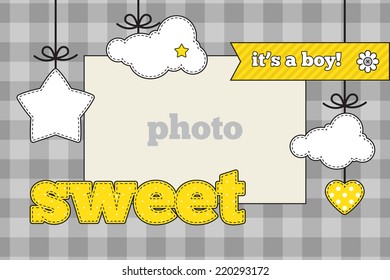 Baby shower invitation, template. Gray, yellow and white colors. Photo frame and decorative elements (clouds, heart, star) on a plaid background