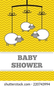 Baby shower invitation, template. Gray, yellow and white colors. Illustration of baby mobile with little lambs on a chevron background. Also for scrapbook, cards, save the date cards etc.