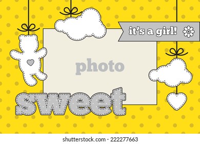 Baby shower invitation, template. Gray, yellow and white colors. Photo frame and decorative elements (clouds, heart, bear) on a polka dot background