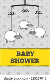 Baby shower invitation, template. Gray, yellow and white colors. Illustration of baby mobile with little lambs. Also for scrapbooking, cards, save the date cards etc.