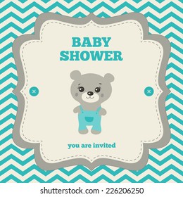 Baby shower invitation, template. Gray, blue and cream colors. Illustration of little teddy bear. Vintage frame on chevron background.