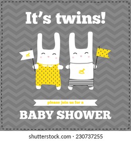 Baby shower invitation, template. Gray, yellow, white colors. Illustration of twins bunnies with flags.