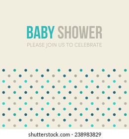 Baby shower invitation, template. Gray, blue and cream colors. Polka dot pattern, simple lettering.