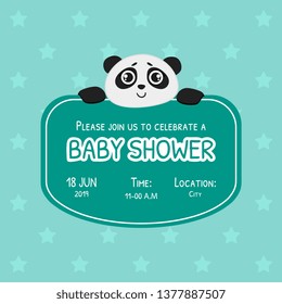 Baby Shower Invitation Template, Green Card with Cute Panda Bear and Place For Your Text, Gender Neutral Vector Illustration