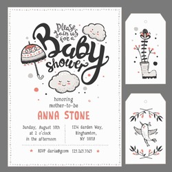Baby Shower Invitation Template With Hand Lettering, Cute Clouds And Umbrella