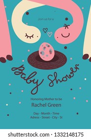 Baby Shower Invitation Template with hand drawn lettering, cute dinos. Baby Shower Decoration. Gender Neutral
