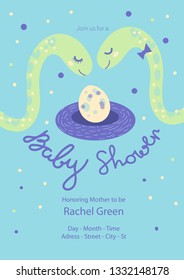 Baby Shower Invitation Template with hand drawn lettering, cute snakes. Baby Shower Decoration. Gender Neutral