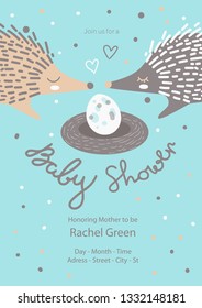 Baby Shower Invitation Template with hand drawn lettering, cute echidna. Baby Shower Decoration. Gender Neutral