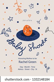 Baby Shower Invitation Template with hand lettering, cute egg and flowers. Baby Shower Decoration. Gender Neutral