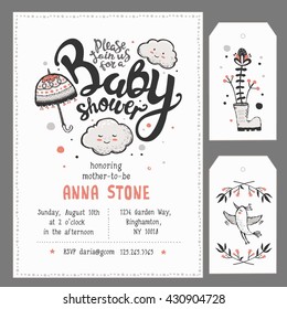 Baby Shower Invitation Template with hand lettering, cute clouds and umbrella