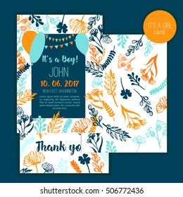 Baby Shower Invitation Template with hand lettering and floral elements on wooden background. It is a boy on dark background.