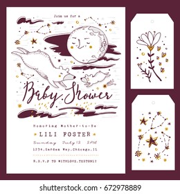 Baby Shower Invitation Template with hand lettering, Moon and Constellations. Ursa Major and Ursa Minor. Gender Neutral.