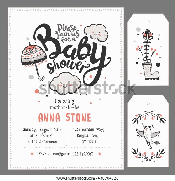 Baby Shower Invitation Template with hand\
lettering, cute clouds and\
umbrella