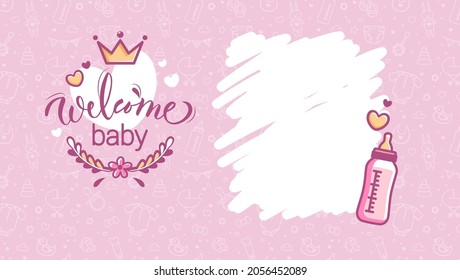 Baby Shower Invitation Template. Hello Baby Girl Vector Illustration. Birth Party Background.