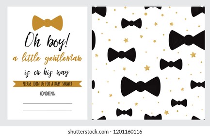 Baby Shower invitation template Hipster black moustache golden bow tie gold crow seamless pattern background Oh boy set for children birthday party congratulation invitation Vector illustration.