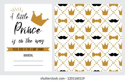 Baby Shower invitation template Hipster black moustache golden bow tie gold crow seamless pattern background Little Prince set for children birthday party congratulation invitation Vector illustration