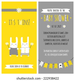 Baby shower invitation, template. Illustration of twins bunnies with daisies.