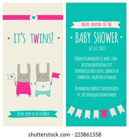 Baby shower invitation, template. Illustration of twins bunnies with flags.