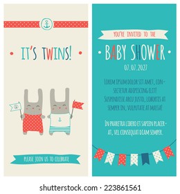 Baby shower invitation, template. Illustration of twins bunnies with flags, marine decorations.