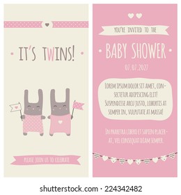 Baby shower invitation, template. Illustration of twins bunnies with flags.