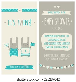 Baby shower invitation, template. Illustration of twins bunnies with flags.